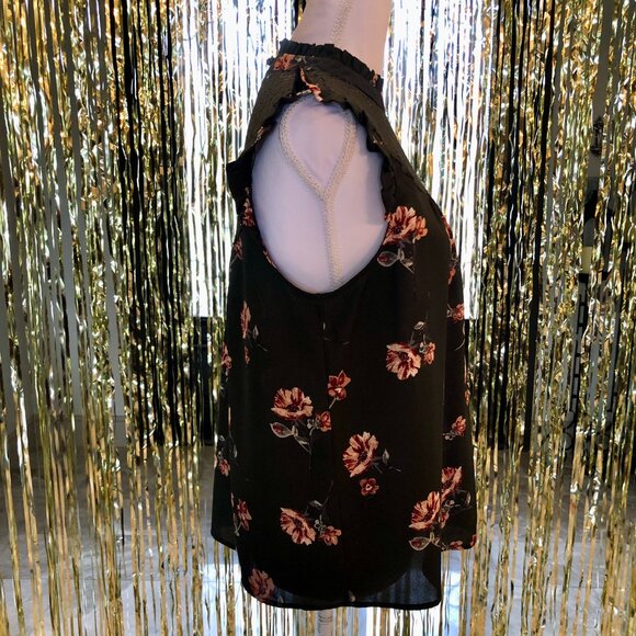 Dark Green High Neck Lace Yoke Sleeveless Blouse Ruffled Cap Sleeves Size Large - Picture 2 of 12